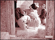 Volunteer workers at the straw bale raising party prepare bales for stacking